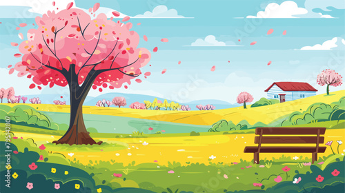 Spring landscape with bench flourishing tree house
