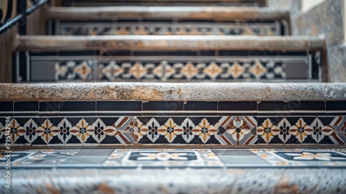 Close-up of a staircase with mosaic tile patterns, adding visual interest to the space
