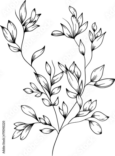 Hand drawn leaves on branch