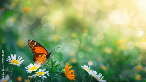 View of orange butterfly on white flower with green 