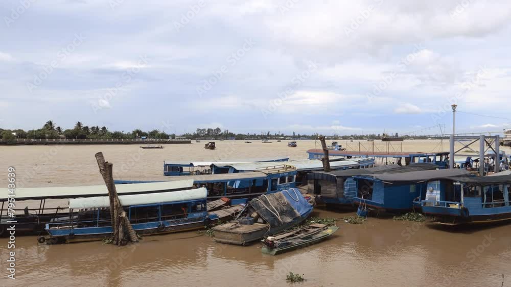 My Tho, Tien Giang, Vietnam - September 1, 2023: Boats by the Mekông Delta My Tho, Tien Giang, Vietnam - September 1, 2023: Boats by the Mekông Delta