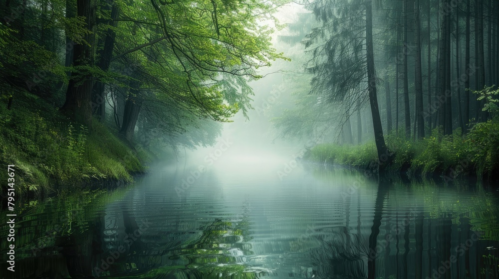 A tranquil river winding its way through a misty forest, the still waters reflecting the towering trees that line its banks. A tranquil river winding its way through a misty forest, the still waters reflecting the towering trees that line its banks.