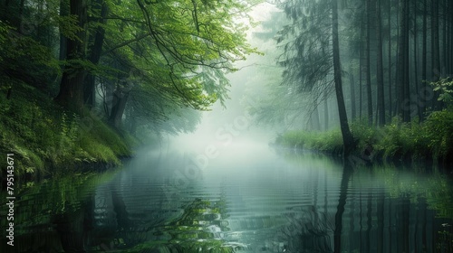 A tranquil river winding its way through a misty forest  the still waters reflecting the towering trees that line its banks.
