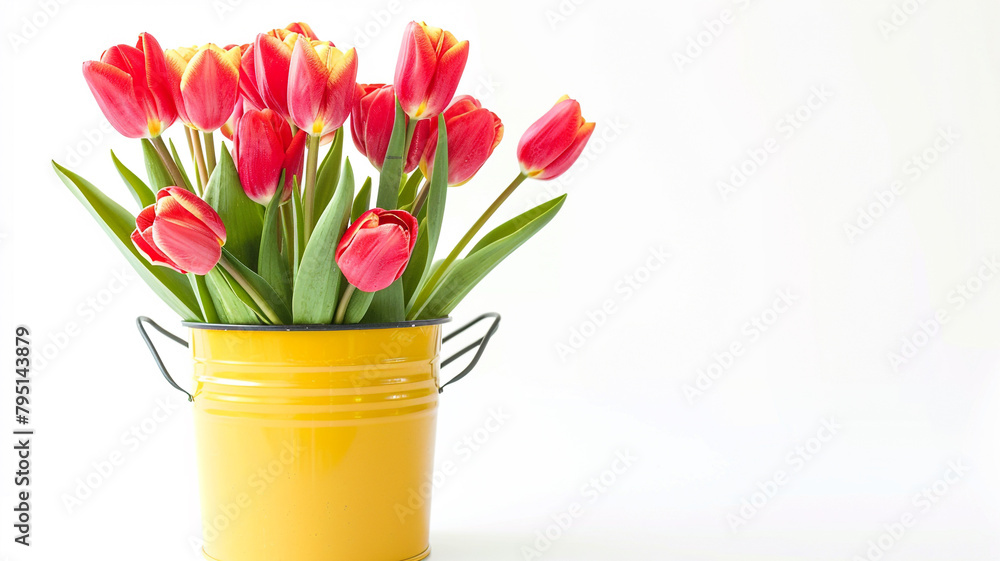 Beautiful tulip flowers in yellow pot can on white background with wide copy space