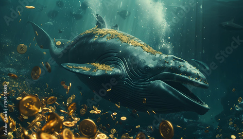 A whale swims in the ocean with bitcoin coins on its back and in its mouth.