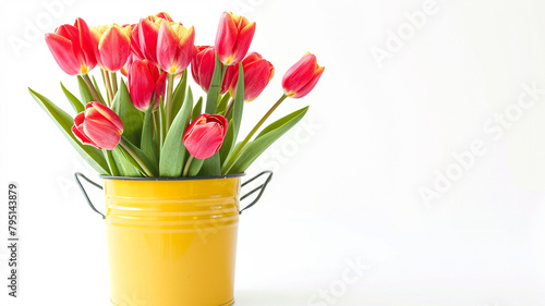 Beautiful tulip flowers in yellow pot can on white background with wide copy space