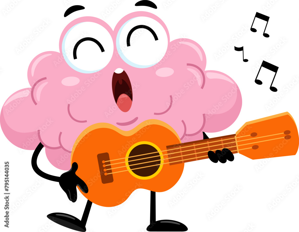 Funny Brain Cartoon Character Playing A Guitar And Singing. Vector Illustration Flat Design Isolated On Transparent Background