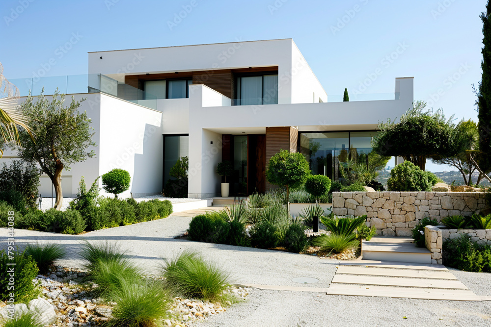A sleek and elegant house with a minimalist design and a beautifully landscaped front yard.
