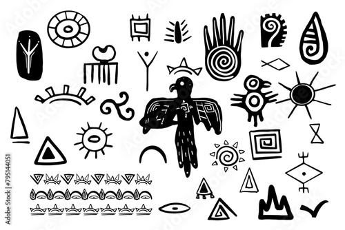 Tibal traditional primitive aztec elements doodle style, mexican indigenous native print, collection torems symbols isolated on white background.
