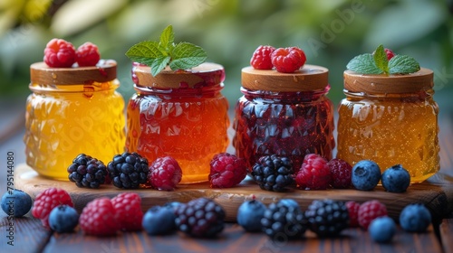 Row of Jars Filled With Berries and Blueberries