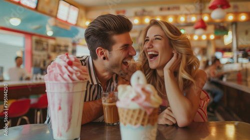 A romantic shot captures a couple's shared enjoyment of ice cream sundaes and shakes at a vintage dessert parlor, their laughter adding sweetness to the indulgent treats.