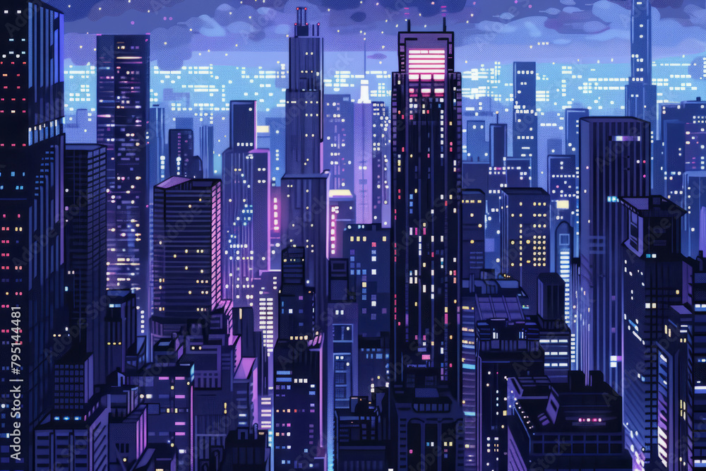 Vibrant Pixel Art Cityscape with Glowing Night Sky