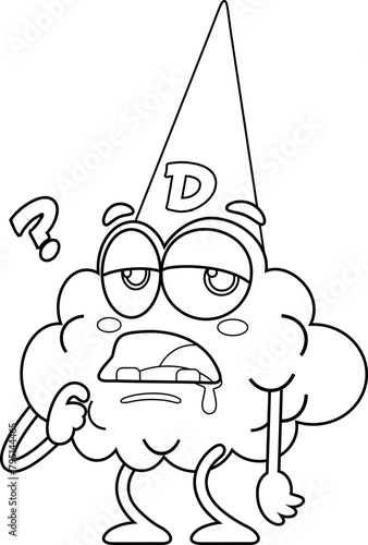 Outlined Dumb Brain Cartoon Character Wearing A Dunce Hat. Vector Hand Drawn Illustration Isolated On Transparent Background (ID: 795144465)