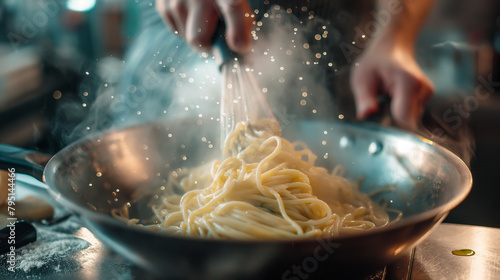The camera zooms in on the chef's hands skillfully tossing pasta in a pan, the steam rising and swirling around as the dish comes together in a harmonious blend of flavors and text