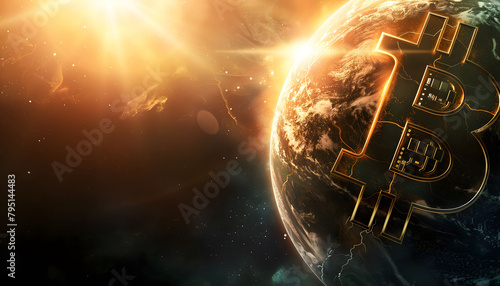 Background bitcoin symbol on the planet earth with an empty space