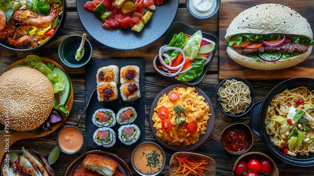 A colorful spread of diverse dishes on a dining table, featuring burgers, pasta, sushi, and salads, arranged beautifully to create an enticing culinary display that caters to varie A colorful spread of diverse dishes on a dining table, featuring burgers, pasta, sushi, and salads, arranged beautifully to create an enticing culinary display that caters to varie
