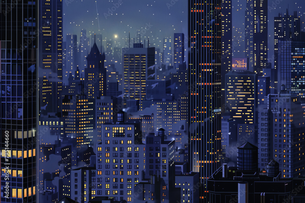 Starry night over a bustling pixel art cityscape