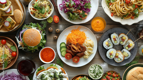 A colorful spread of diverse dishes on a dining table, featuring burgers, pasta, sushi, and salads, arranged beautifully to create an enticing culinary display that caters to varie