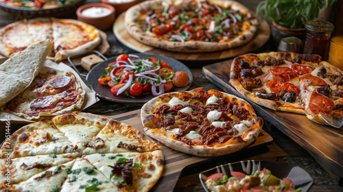 Close-up of a table laden with an assortment of mouthwatering dishes including gourmet pizzas, tacos, grilled meats, and decadent desserts, offering a tantalizing feast for the eye photo
