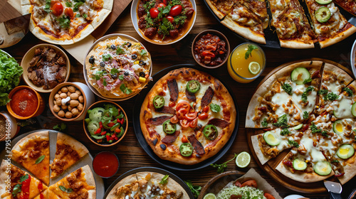Close-up of a table laden with an assortment of mouthwatering dishes including gourmet pizzas, tacos, grilled meats, and decadent desserts, offering a tantalizing feast for the eye photo