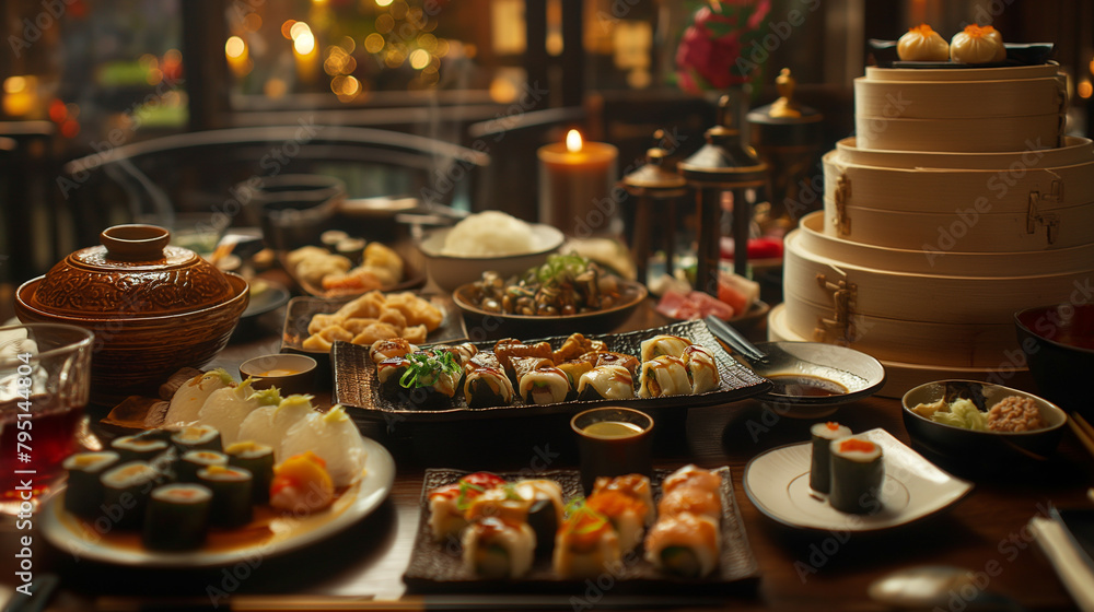 The camera zooms in on a table set with an assortment of Asian delicacies including sushi rolls, dim sum, and noodle dishes, reflecting the rich flavors and artistry of East Asian