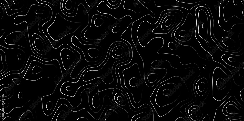 Contour map wavy background. Abstract Geographic Gradient line mountain on Black background. Geography scheme and terrain. Topography grid map. Stylized topographic contour map backdrop.