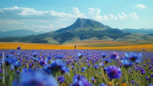 Mountain Rising Above Sprawling Field of Flowers