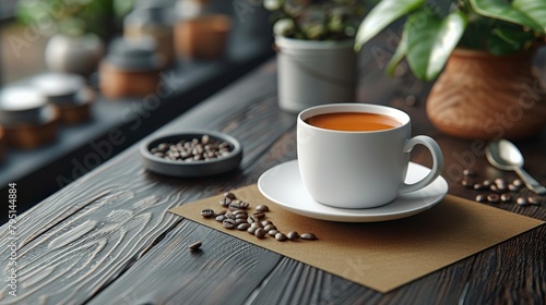 Cup of tea and coffee beans on wooden table, closeup
