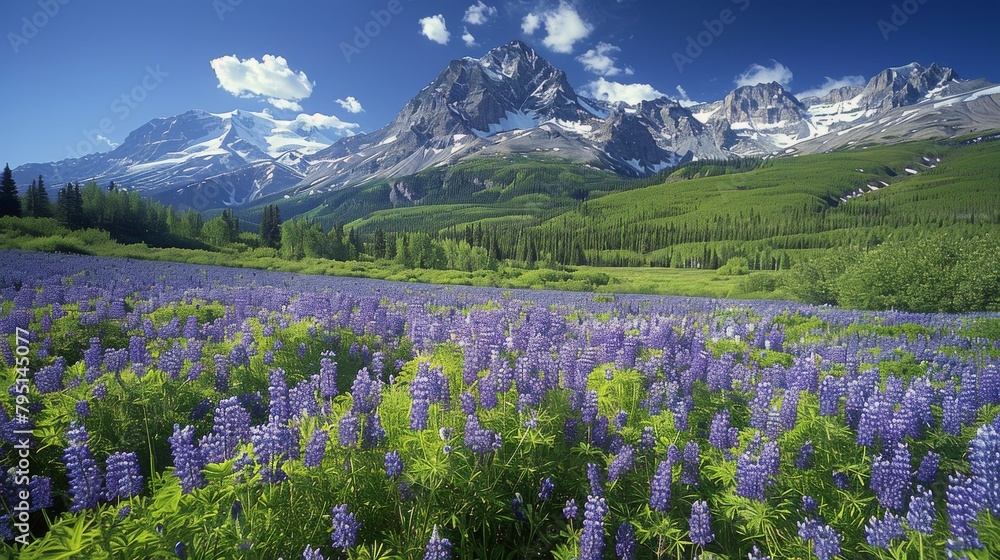 Obraz premium Mountain Rising Above Sprawling Field of Flowers