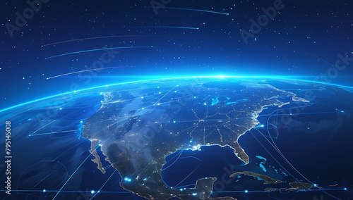 A global map of North America with glowing connections between cities, symbolizing the impact and reach that an online business can have across multiple countries photo