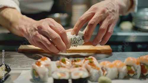 A pair of hands skillfully rolling sushi, showcasing the precision and artistry of Japanese cuisine.