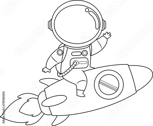 Outlined Cute Astronaut Cartoon Character Riding A Rocket And Waving. Vector Hand Drawn Illustration Isolated On Transparent Background (ID: 795145054)