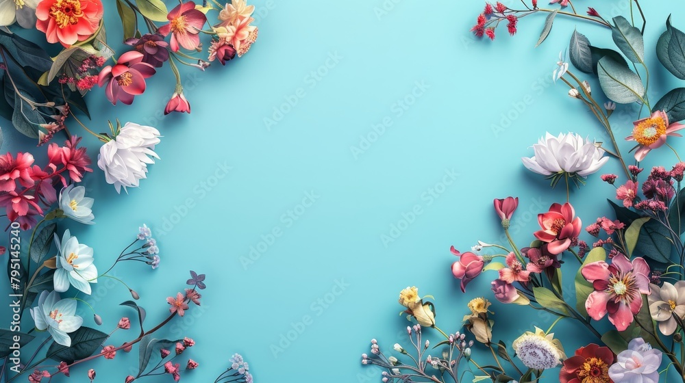 Flowers composition. Frame made of colorful flowers on blue background. Flat lay, top view, copy space Flowers composition. Frame made of colorful flowers on blue background. Flat lay, top view, copy space