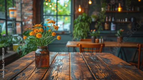 Wooden Table With Vase of Yellow Flowers