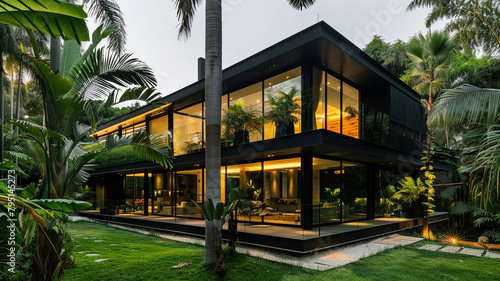 A sleek and stylish modern house with a black facade and floor-to-ceiling windows, surrounded by lush greenery and tall palm trees swaying in the breeze. © Ateeq