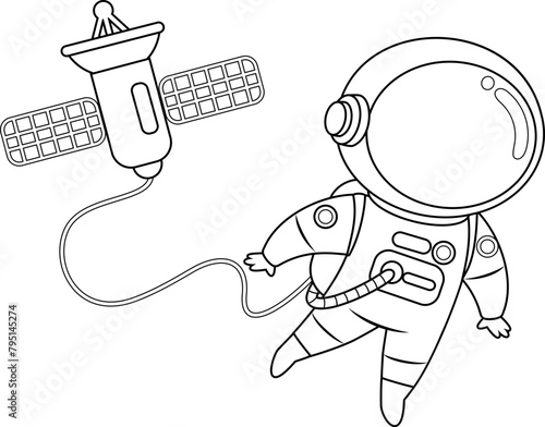 Outlined Cute Astronaut Cartoon Character Flying In Open Space Connected To Space Station. Vector Hand Drawn Illustration Isolated On Transparent Background (ID: 795145274)