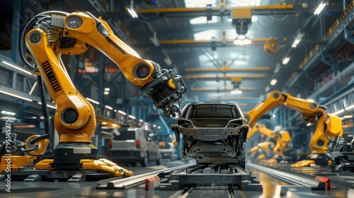 Robotic arms assemble cars in a high-tech automotive factory production line. Created with Generative AI