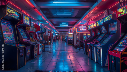 An arcade lit up with lights in different neon colors