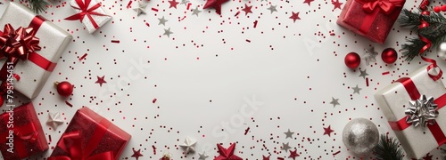 White Background With Red and Silver Presents