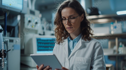 Focused female scientist using a tablet to analyze data in a modern laboratory setting, signifying research and technology.