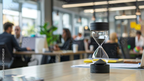 Close up of black hourglass on a desk in an office with people working behind on blurred background