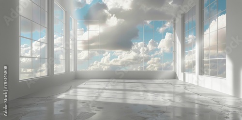 Empty Room With Large Windows and Cloudy Sky