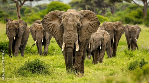 Majestic elephant herd on African savannah. A herd of Elephants background.