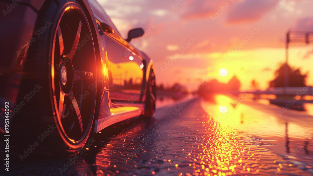 Close-up of a car on the road at sunrise Close-up of a car on the road at sunrise