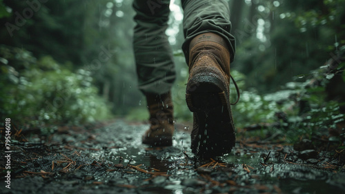 Close up of man s legs in walking on forest trail When it rains