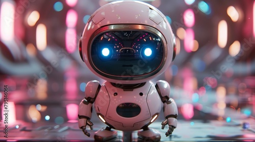 Robot in front of the colorful bokeh lights background.