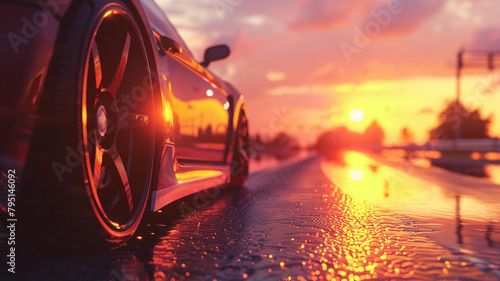 Close-up of a car on the road at sunrise © Yuwarin