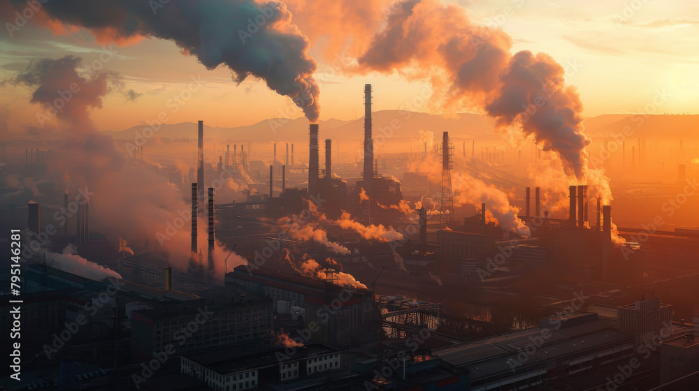 Smoke billows from industrial smokestacks against a dramatic dusk sky, representing environmental impact and pollution.