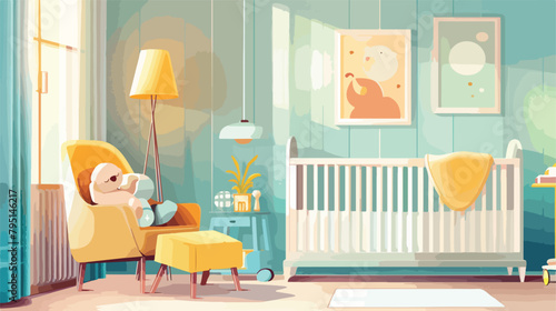 Baby crib and feeding chair in bedroom closeup Vector photo