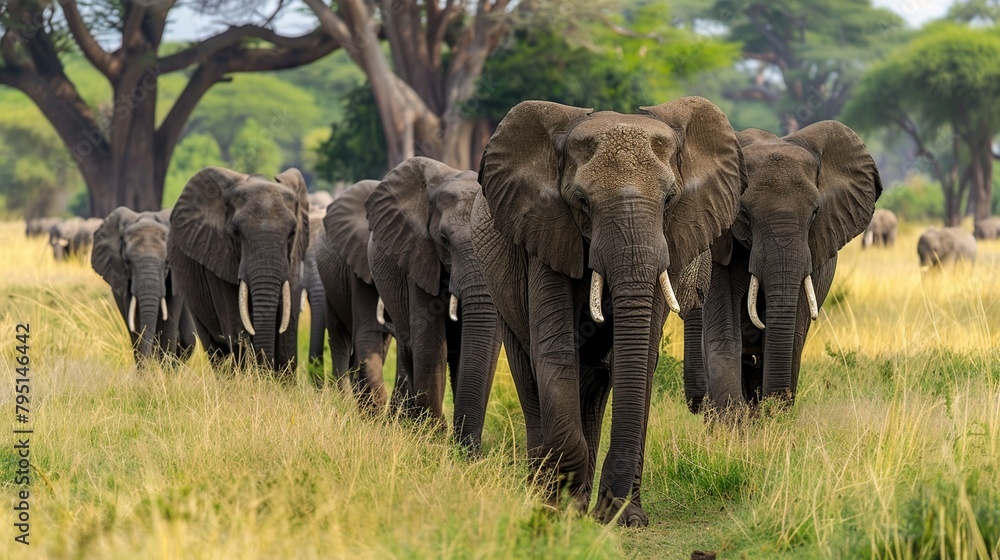 A herd of Elephants walking through the grass in National Park, Majestic elephant herd on African savannah.